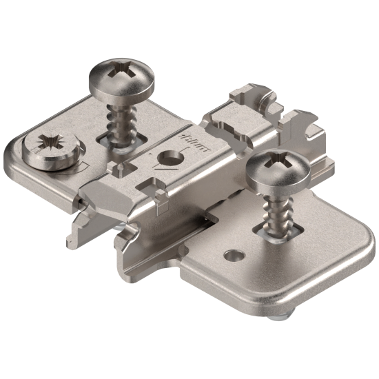 CLIP Plăcuţă de montaj, în cruce, 3 mm, oţel, EXPANDO (şuruburi speciale cu dibluri crestate, premontate), reglaj pe înălţime: Excentric, nichelat