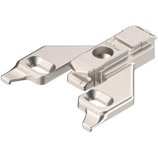CLIP Plăcuţă de montaj, în cruce în partea din față, 0 mm, Zinc, destinat înșurubării pentru șuruburi pentru lemn, reglaj pe înălţime: Gaură alungită, nichelat