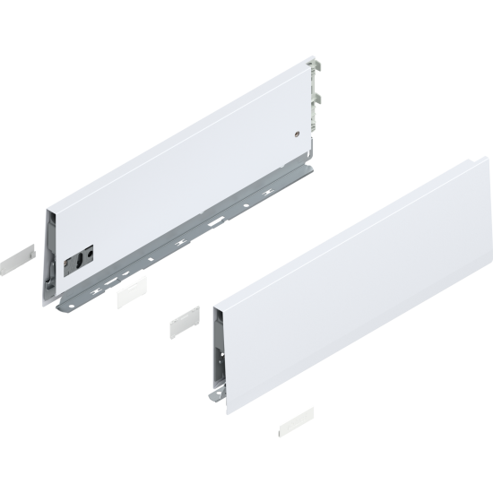 Laterală de sertar MERIVOBOX, Înălţime K (129 mm), NL=400 mm, dreapta+stânga, alb-mătase mat