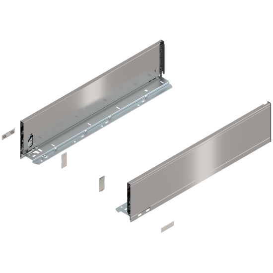 Laterală de sertar LEGRABOX, Înălţime K (128.5 mm), NL=550 mm, dreapta+stânga, pentru LEGRABOX pure, inox periat-lăcuit