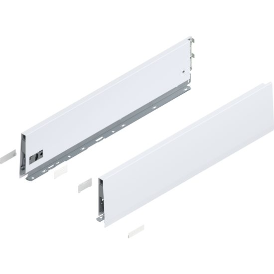 Laterală de sertar MERIVOBOX, Înălţime K (129 mm), NL=550 mm, dreapta+stânga, alb-mătase mat