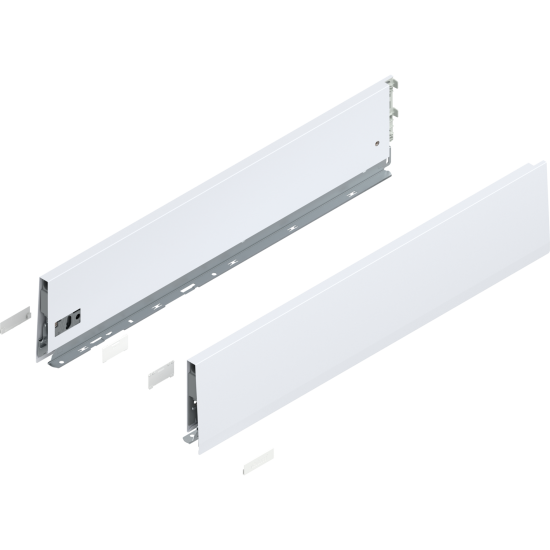 Laterală de sertar MERIVOBOX, Înălţime K (129 mm), NL=600 mm, dreapta+stânga, alb-mătase mat